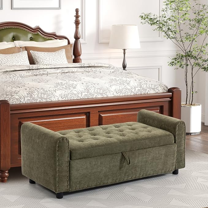 Ottoman with Storage, Tufted Storage Bench for Bedroom, 48" Fabrics End of Bed Bench, Upholstered Entryway Shoe Benches with Rolled Arm & Inner Zipper, Window Ottomans Chest with Rivets, Green