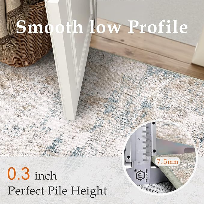 8x10 Washable Area Rug Beige Blue Abstract Non Slip Soft Low Pile Rug for Living Room Bedroom Dining Room Office Neutral Modern Indoor Large Throw Carpet for Home Decor