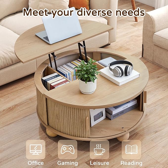 Fluted Round Lift Top Coffee Table with Hidden Storage, 33.5'' Modern Boho Center Table with Sliding Tambour Door & Solid Wood Legs, Circle Coffee Table for Living Room, Small Space, Natural