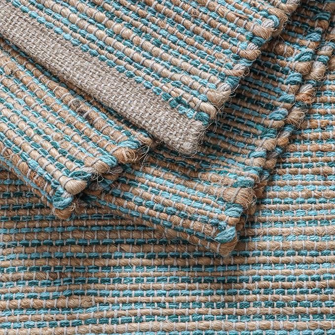 Boho Jute Table Runner for Dining Tables, Rustic Turquoise Table Runner Farmhouse Style , Cotton and Jute Neutral Colorful Indoor Kitchen Decor, 13 X 108 Inch, - Natural-Aqua Turquoise