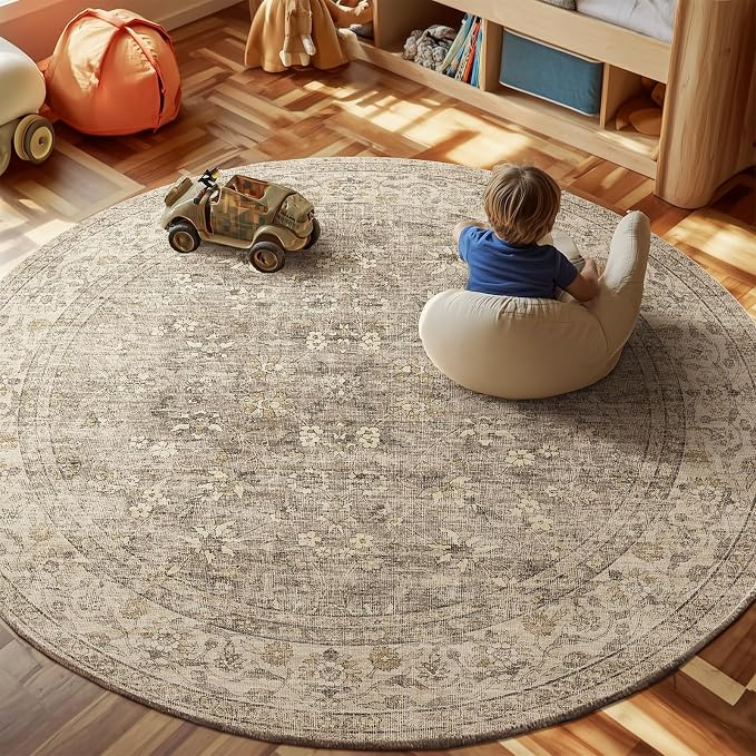 6ft Washable Round Rugs for Bedroom: Circle Living Room Rug Vintage Non Slip Low Pile Soft Faux Wool Non Shedding Boho Circular Rug for Kitchen Entryway Bathroom Bedside Office College Dorm Kids Room