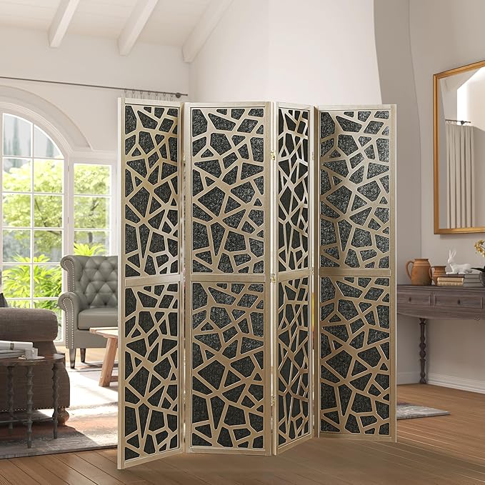 Roundhill Furniture Aurra 4-Panel Wood Room Divider, Folding Portable Partition Screen, Black Screen with Gold Frame
