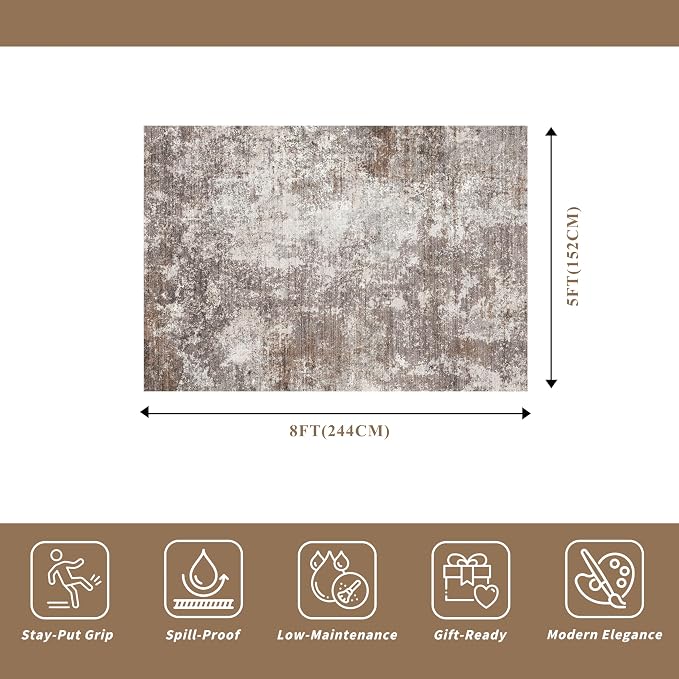 5x8 Washable Living Room Area Rug Modern Neutral Abstract Rug for Bedroom, Kitchen, Dining Room Non-Slip Low Pile Soft Indoor Carpet (Brown Beige, 5x8)