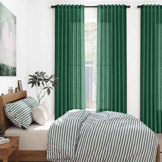 Nanspring Dark Green Linen Curtains 84 Inch Length 2 Panels Set for Living Room Rod Pocket Back Tab Light Filtering Window Drapes for Bedroom Dining Room Privacy Country Farmhouse Decor 52x84