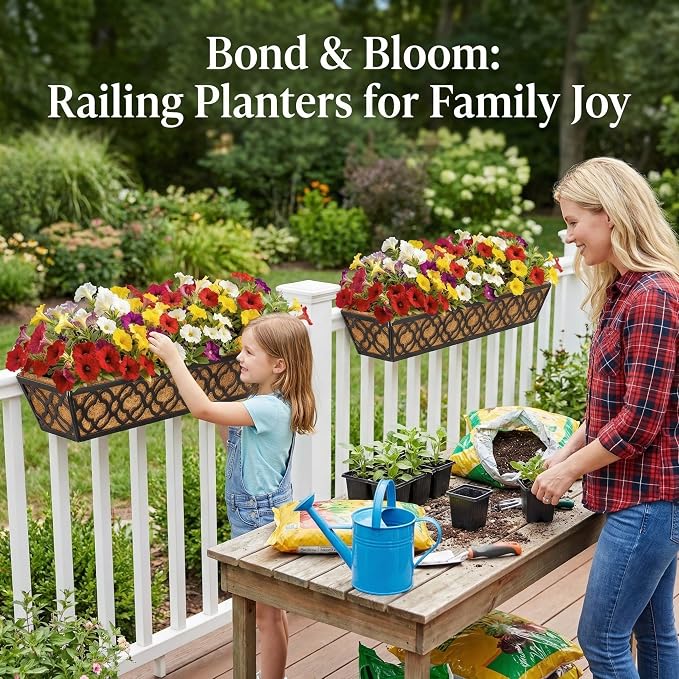4 Pack 30 Inch Railing Planter Box with Coco Liner, Adjustable Metal Window Box Planter for Balcony Deck Fence, Hanging Flower Basket for Outdoor Garden, Black