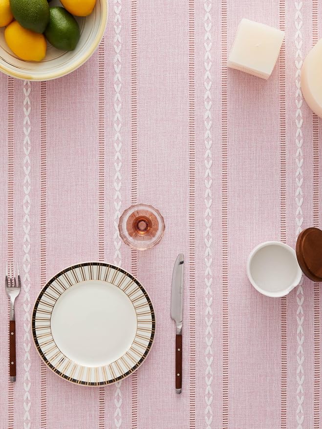 ZeeMart Hemstitched Embroidery Striped Boho Tablecloth 60x104 Inch Pink, Heavy Weight Farmhouse Burlap Linen Pink Tablecloth, Wrinkle Resistant Washable Table Cloth for Rectangle Table
