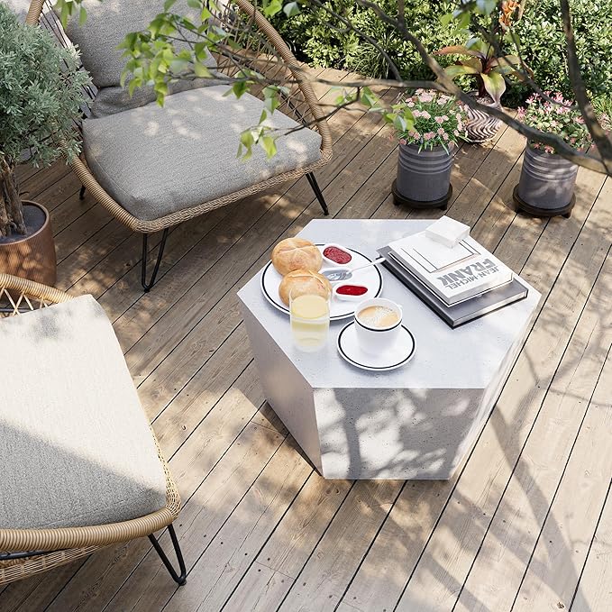 UPHA 28" Hexagon Outdoor Coffee Table, Modern Hollow Concrete Patio Table, Small Minimalist Low Accent Table for Living Room, Balcony, Deck, Backyard, Off-White