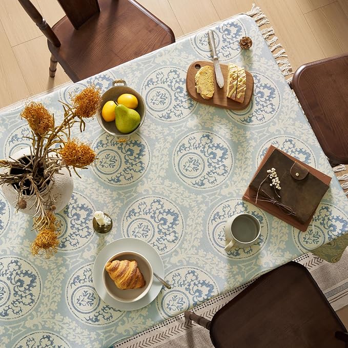Vintage Blue Printed Tablecloths Rectangular: Floral Linen Farmhouse Table Cloth - Damask Patterned on Burlap Textured Fabric Outdoor Table Cover for Kitchen,Dining,Party,Picnic Decor, 55x120 Inch