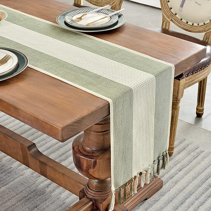 Wracra Linen Table Runner, Farmhouse Macrame Table Runners 108 Inches Long for Dining Table Decor, Wedding, Party and Dresser Decor (Sage Green,108")