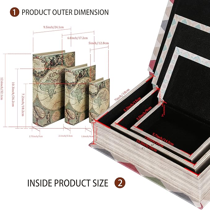 Decorative Wooden Book Boxes Set of 3, World Map Pattern, Antique Look with Magnetic Leather Cover, Hidden Secret Storage for Jewelry, Keepsakes, and Gifts