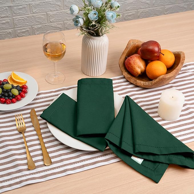 Blue Needles Set of 12 Hemstitch Linen Napkins 100% Cotton Forest Green Cloth Dinner Napkins 18x18 inches, Soft, Reusable, Absorbent, Washable, Ideal for Spring Summer Easter Parties & Everyday Use
