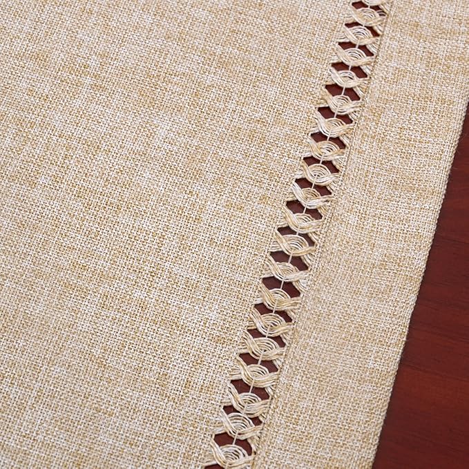 Grelucgo Super Large Handmade Hemstitch Beige Table Runner, Rectangular 14 by 144 Inch