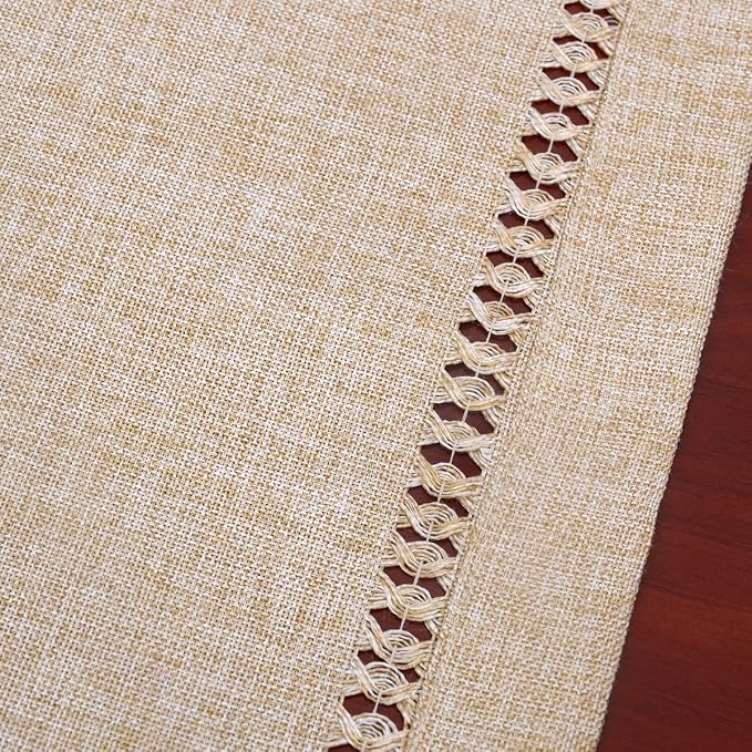 Grelucgo Large Handmade Hemstitch Beige Table Runner, Rectangular 14 by 132 Inch