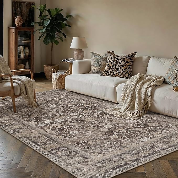 HUGEAR 5x7 Machine Washable Rugs Coffee Brown Hallway Area Rug Indoor Accent Rug Floral Low Pile Carpet Soft Throw Aesthetic Rug Bedroom Living Room Office Dining Room Kitchen Laundry Room Non Slip