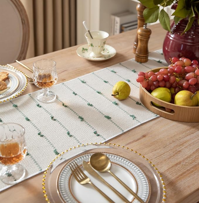 Caflife Boho Table Runner 108 Inchs Long for Modern Farmhouse Room Home Decor, Green and Beige Coffee Table Runner, Natural Cotton Woven with Tassels Neutral, for Kitchen Dining Table Decor