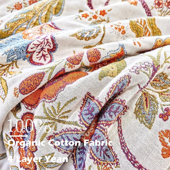 VANJOROY Boho Throw Blanket, 100% Organic Cotton Breathable Skin-Friendly Ultra Soft Bed Quilt Throw - All Season Floral Farmhouse Décor Luxury Blanket for Sofa Couch Chair and Gift. 80" x 90"