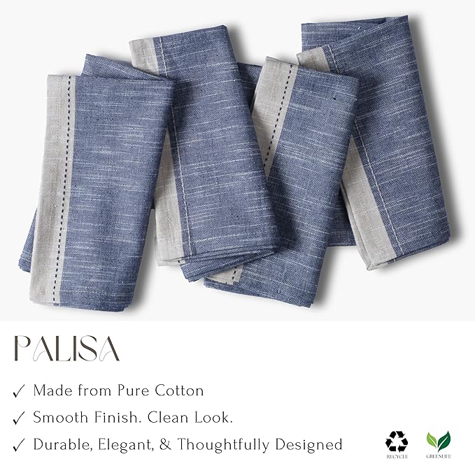 Palisa Cotton Cloth Dinner Napkins Set of 4 Contrast Boarder Napkin for Dinning Table Linen Decor Everyday Party Use Wedding Reception Farmhouse 18x18 Inch – Denim Blue
