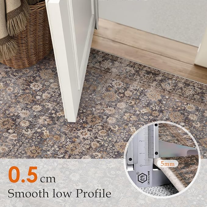 HUGEAR 4x6 Machine Washable Rugs Tradition Brown Hallway Area Rug Indoor Accent Rug Floral Low Pile Carpet Soft Throw Rug Bedroom Living Room Office Dining Room Kitchen Laundry Room Non Slip