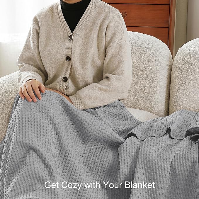 100% Egyptian Cotton Waffle Weave Blanket King Size for Bed, 320 GSM - Breathable and Soft for Spring Summer, Lightweight All Season Bed Blanket for Couch, Sofa (104x90 Inches, Light Grey)