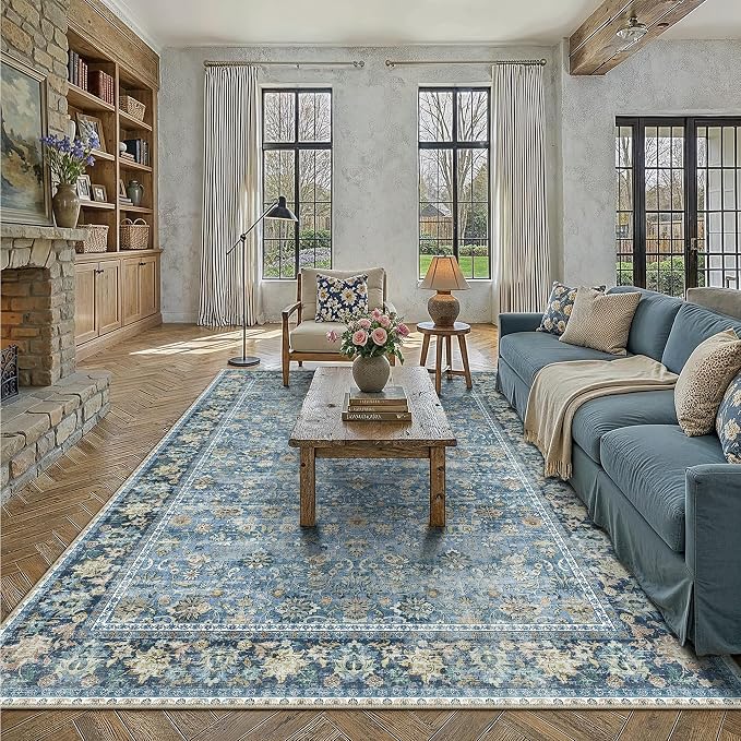 HUGEAR 8x10 Machine Washable Rugs Light Blue Hallway Large Area Rug Indoor Accent Rug Floral Low Pile Carpet Soft Throw Aesthetic Rug Bedroom Living Room Office Dining Room Kitchen Laundry Room