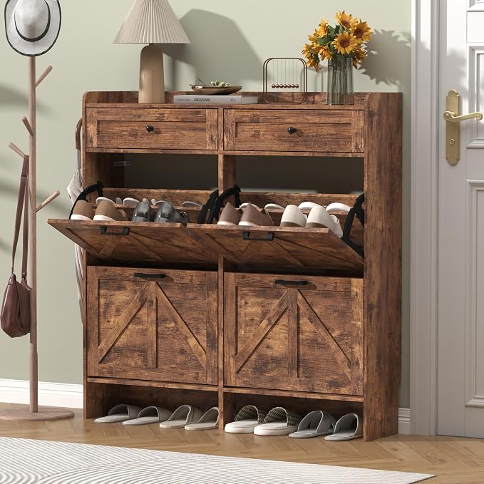 Thacuok Shoe Cabinet with 4 Flip Drawers & 2 Storage Drawers, Rustic Farmhouse Narrow Shoe Organizer Cabinet, Slim Shoe Rack Cabinet, Shoe Storage Cabinet for Entryway, Hallway, Front Door