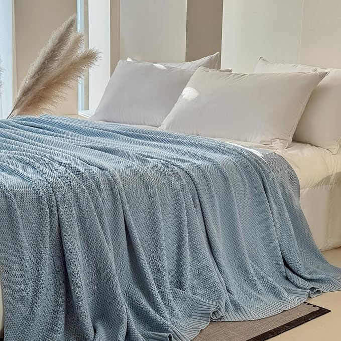 Simple&Opulence 100% Cotton Blanket King Size, Solid Color Cable Knitted Blanket Super Soft Comfortable Breathable Decorative Farmhouse for Couch Sofa Bed, All Season Use(Winter Blue,104x90)
