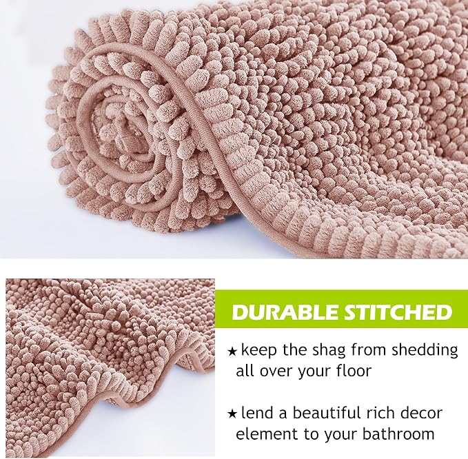 KGORGE Bath Mat for Bathroom - Soft Shower Rug Farmhouse Quick Drying Washable Absorbent Non-Slip Super Soft Chenile Bathtub Carpet Decorations for Family, Pink, 60" x 24", 1 Piece