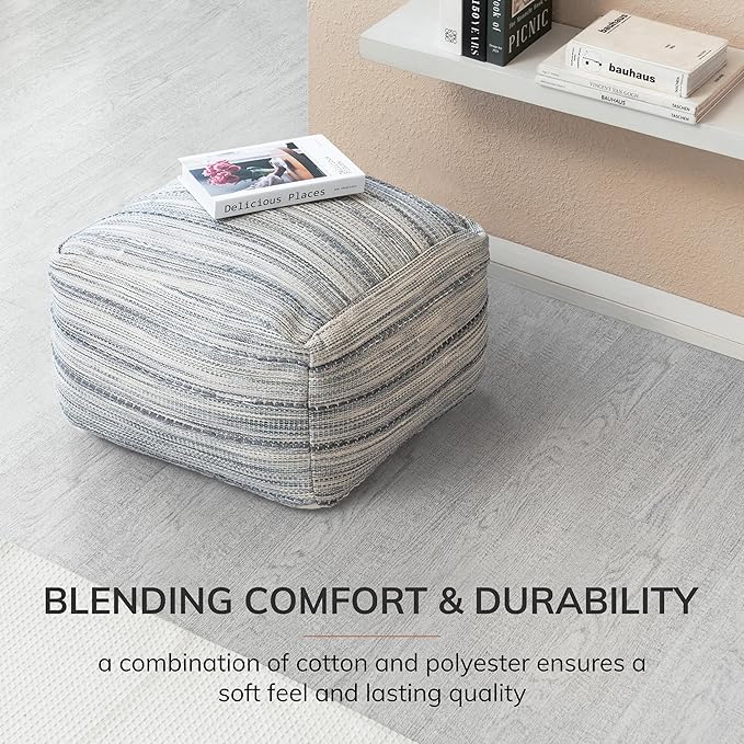 Anji Mountain Pouf Ottoman Foot Rest, Handmade Ottoman Pouf, Comfortable Foot Stool, Decorative Floor Seating for Living Room Decor, Bedroom & Home Décor Accent - Shadowed Stripe
