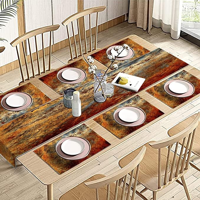 Brown Rust Table Runner and Place Mats Set of 6 Abstract Colorful Metal Steel Iron Rusty Stain Linen Dining Mat Sets Washable Vintage Splash Messy for Home Table Decorations 70 Inches Long
