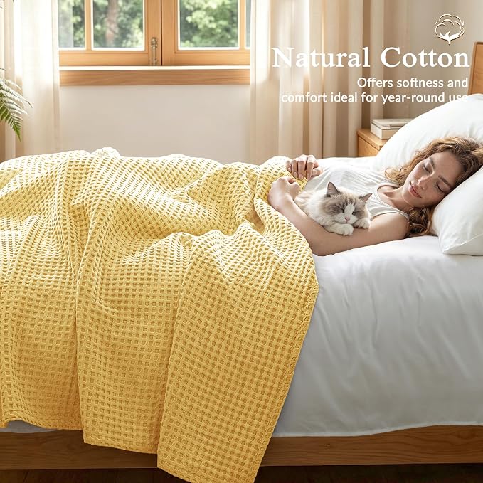 Exclusivo Mezcla Pre-Washed 100% Cotton Waffle Throw Blanket for Couch, 330GSM Lightweight Breathable Summer Blankets, Soft and Cozy, Room Decor, Yellow, 50x60 Inches