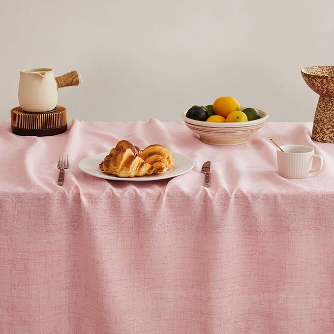 Linen Tablecloth for Rectangle Table, 52x70 Inch Pink, Farmhouse Style Pink Tablecloth, Water Resistant Burlap Tablecloths for Dining Table Farmhouse Kitchen