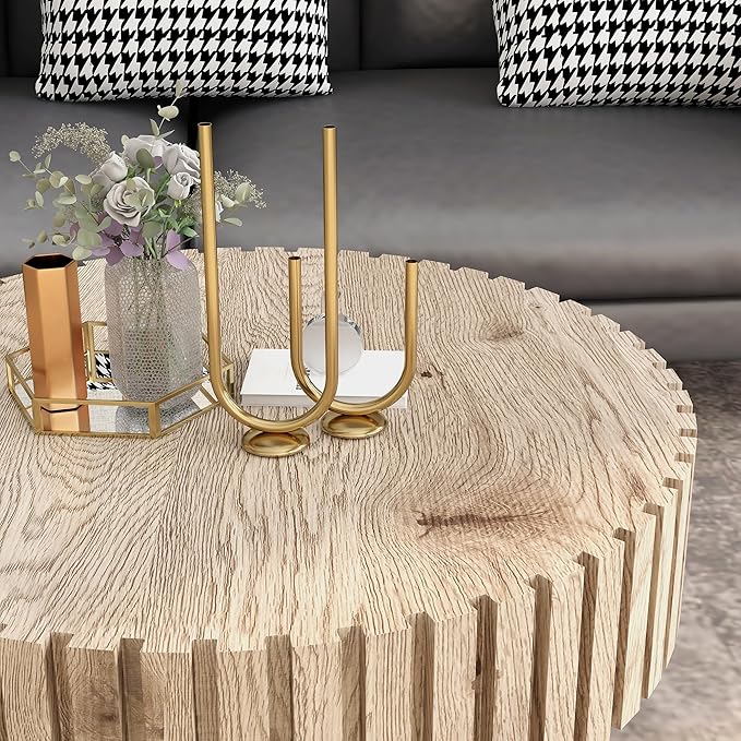 Circle Coffee Table 31.5" Rustic Round Wood Center Table Accent Drum End Tea Table for Living Room Apartment Small Space,with Fluted Relief Side, Natural