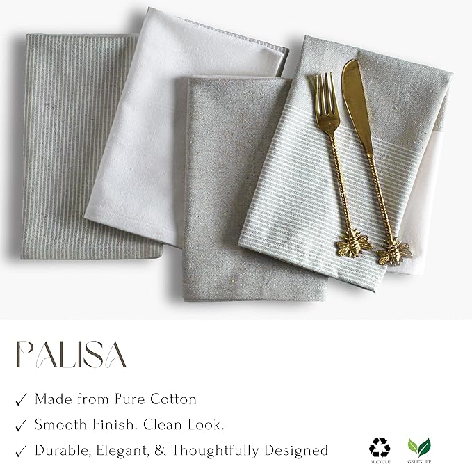 Palisa 100% Cotton Cloth Dinner Napkins [Pack of 4, Taupe] Striped Pattern Reusable Table Linen Napkins for Home & Kitchen | Parties & Farmhouse Dining Décor 18x18 Inch