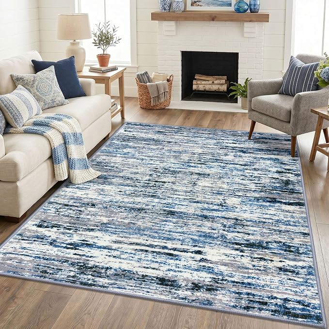 Lansny Modern Abstract 5x7 Area Rug, Washable Rugs for Living Room, Non-Slip Dining Room Rug, Soft Thin Printed Faux Wool Floor Carpet for Bedroom Nursery Playroom Office, Grey Blue White