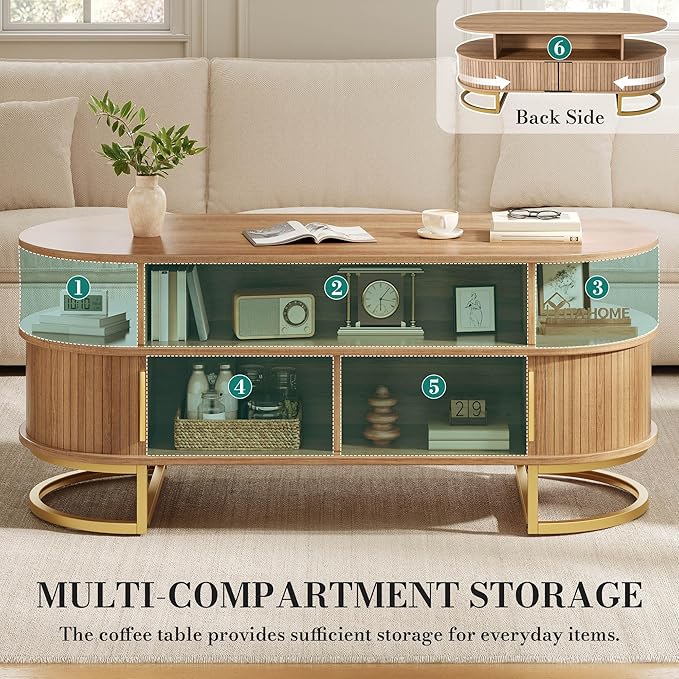 YITAHOME Coffee Table, Coffee Tables for Living Room with Sliding Doors & Large Storage, Modern Wooden Coffee Table with Gold Handles, Metal Base for Living Room, Natural Oak