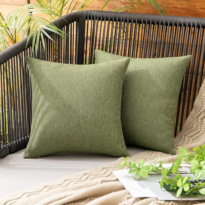 MIULEE Pack of 2 Decorative Outdoor Solid Waterproof Throw Pillow Covers Faux Linen Garden Farmhouse Cushion Cases for Patio Tent Balcony Couch Sofa 12x12 Inch Dark Green