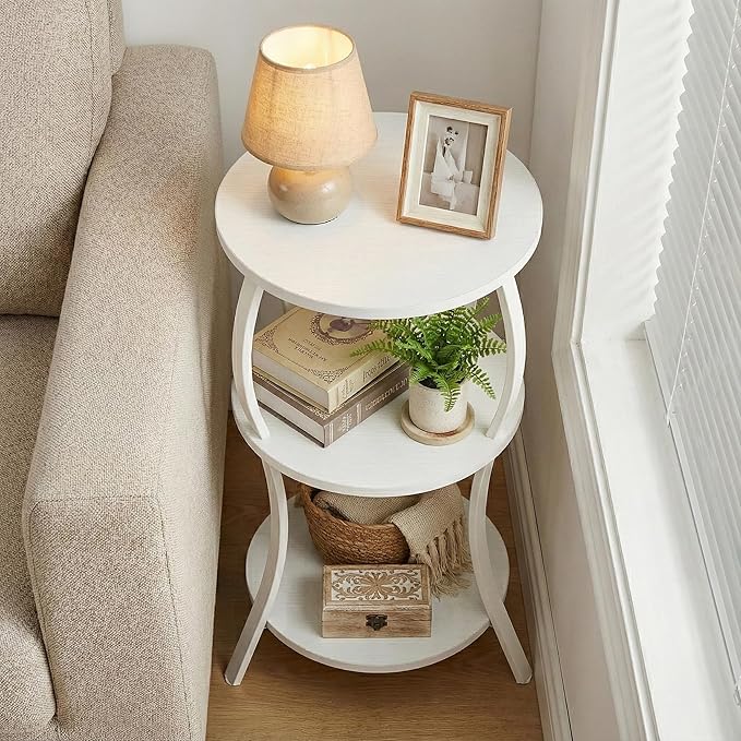 YEAKOO Vintage Small Round Side Table, 3-Tier Slim Waist Circular End Table with Storage Shelf, Compact Tea Sofa Table, Round Corner Coffee Table Nightstand for Living Room Bedroom Small Spaces,White