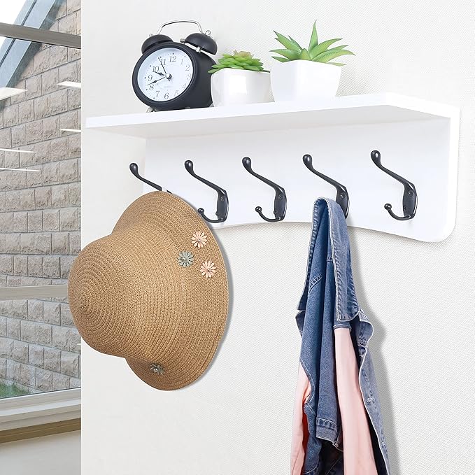 TEG01B Coat Rack Wall Mount with Shelf and 5 Hooks - 17-Inch Heavy Duty Pine Wood Entryway Rack - For Mudroom, Kitchen, Bathroom
