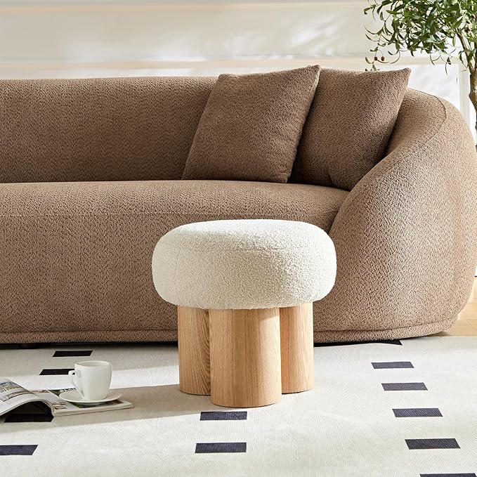 Round Foot Stool, Small Mushroom Ottoman Footstools Modern Pouf Boucle Ottoman, Teddy Foot Rest for Couch Sofa Comfy Floor Footrest Step Stool for Living Room,Bedroom,Desk,Office(Beige)