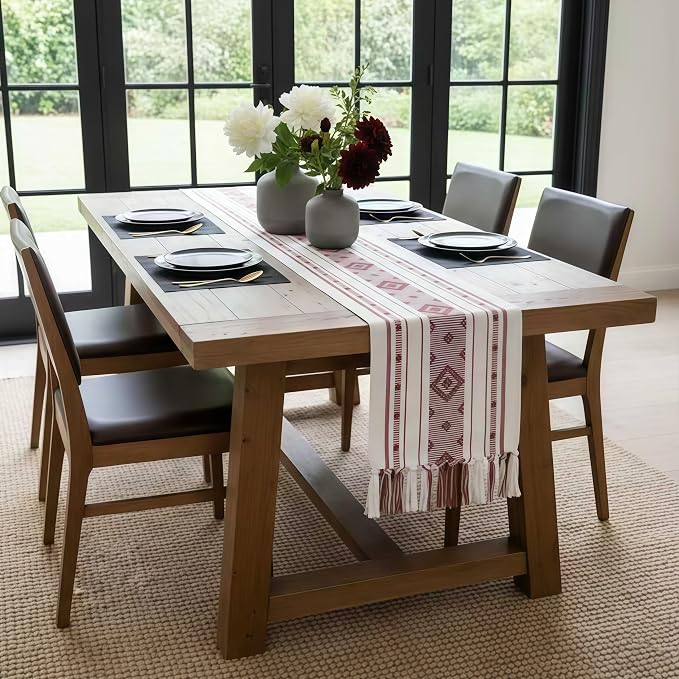 Red Table Runner 90 Inches Long Modern Geometric Runner for Home Kitchen Dining Table, Hand-Woven Cotton Table Runner with Tassels for Thanksgiving Christmas Holiday Decor