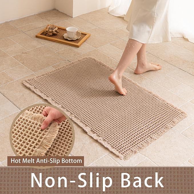 Waffle Bath Mat Non Slip, Boho Bathroom Rug, Super Absorbent Quick Dry Bathroom Mat, Soft Farmhouse Bath Rug with Tassels, Small Washable Shower Mats for Floor 20"x32", Brown