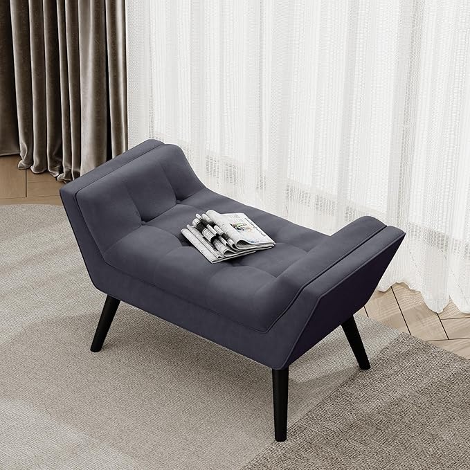 Alunaune Velvet Tufted Ottoman Bed Bench for Bedroom End of Bed Bench Ottoman, Upholstered Small Entryway Bench Modern Storage Footstool Bench with Wooden Legs-Dark Gray