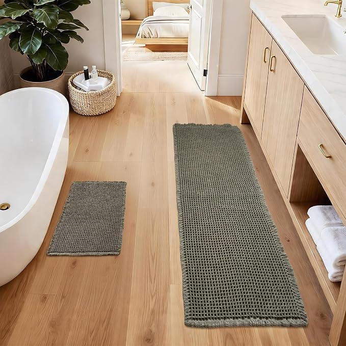 Bathroom Runner Rug Set 2 Piece - Long Waffle Bath Mat for Double Sink, Washable Bathroom Mats Non Slip Absorbent Boho Decor, 18x30 & 24x60, Olive Green
