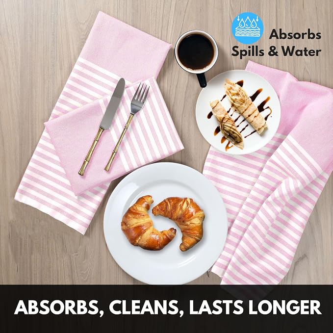Pink Stripe Cloth Napkins 4 Pack, 18x18 Inches, 100% Cotton, Machine Washable Table Linen, Durable, Reusable Fabric for Everyday Meals, Farmhouse, Spring Easter Dining, Baby Pink