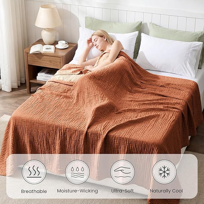 Love's cabin Cooling Muslin Blanket Queen Size, 50% Rayon Derived from Bamboo, 50% Cotton, 4-Layer Lightweight Breathable Summer Gauze Blanket for Bed, Hot Sleepers and Kids, 90"x90", Terracotta