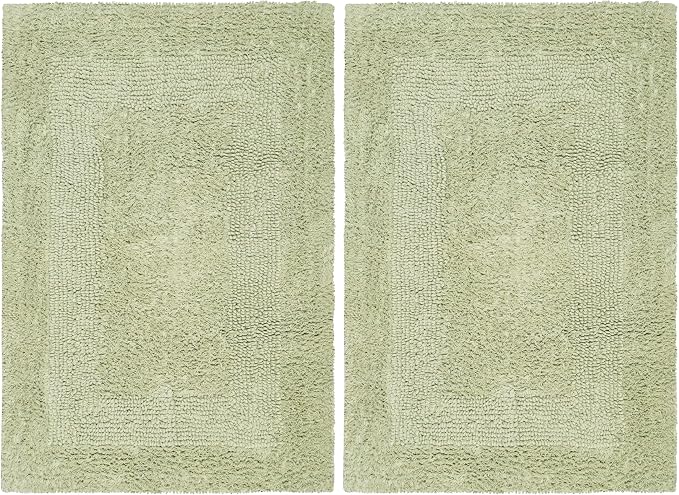 COTTON CRAFT Luxurious Bath Mat Rug - Set of 2 Reversible Heavyweight Step Out Bath Mats for Bathroom Floor, Tub and Shower - Pure Cotton Soft Plush Absorbent Tufted Racetrack Mat - 17x24 - Sage Green