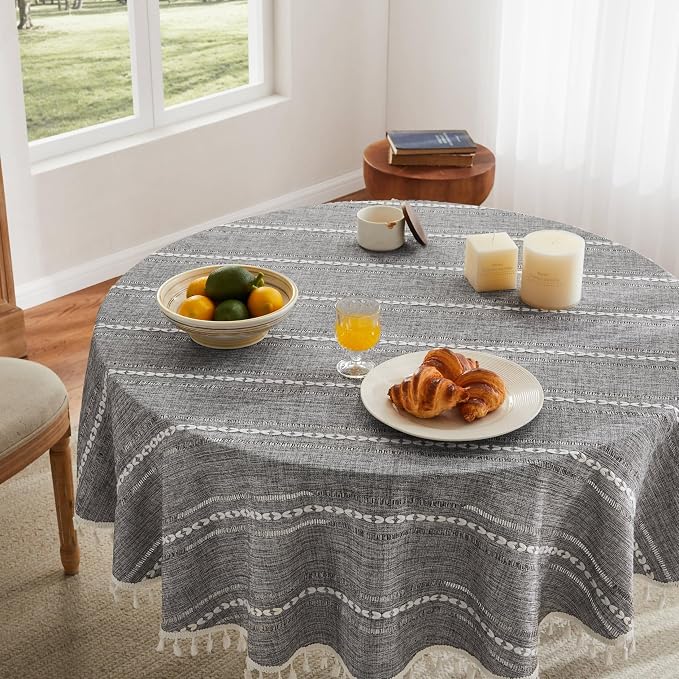 ZeeMart Hemstitched Embroidery Striped Boho Tablecloth 54 Inch Round Charcoal, Heavy Weight Farmhouse Burlap Linen Grey Tablecloth, Wrinkle Resistant Washable Table Cloth for Round Table ﻿
