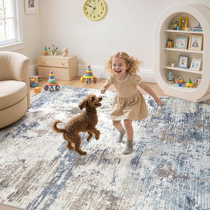 UERMEI 5x7 Area Rug Living Room Rugs - Washable Neutral Modern Abstract Soft Thin Large Rug Indoor Floor No Slip Rug Carpet for Bedroom Under Dining Table Home Office Decor - Denim Blue