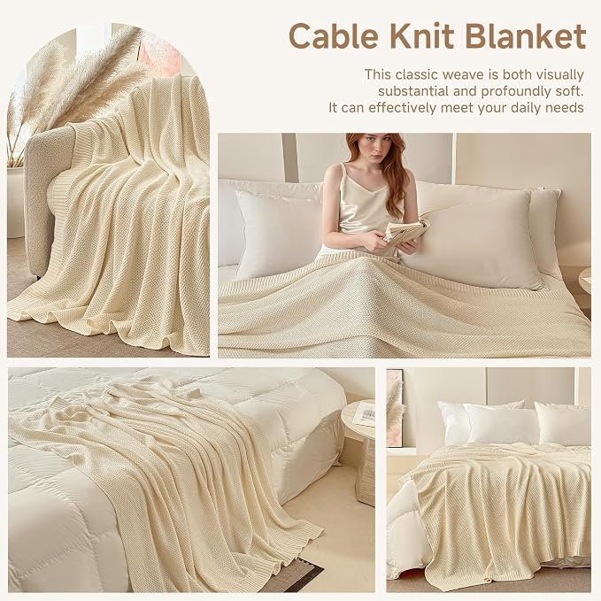 Simple&Opulence 100% Cotton Throw Blanket, Solid Color Cable Knitted Blanket Super Soft Comfortable Breathable Decorative Farmhouse for Couch Sofa Bed, All Season Use(White,50x60)