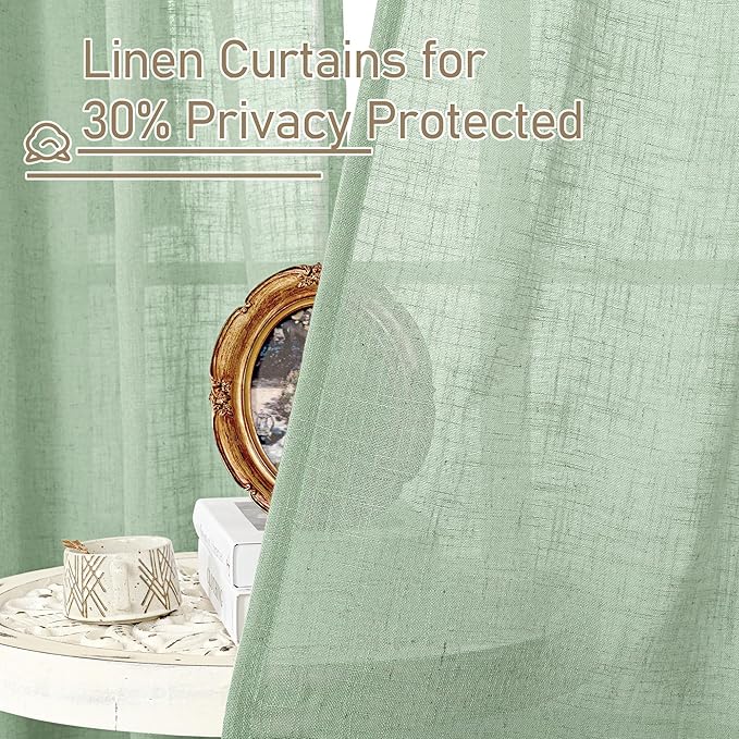 LAMIT Fresh Green Linen Curtains for Living Room, 78 Inch Faux Linen Textured Light Filtering Drapes Back Tab and Rod Pocket Boho Panels for Farmhouse/Bedroom/Porch, 52 x 78 Inch, 2 Panels Set